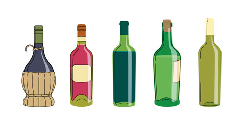 Sort od different wine bottles in flat minimalistic modern style. Best for restaurant wine menu designs. Vector illustrations collection.