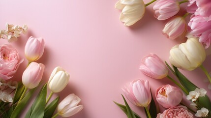 Tulips around edges and spacious center for text, minimalistic greeting card, invitation background
