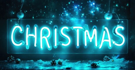 Bright neon Christmas sign illuminates dark background. Festive decorations enhance holiday spirit. Snowflakes add winter ambiance.