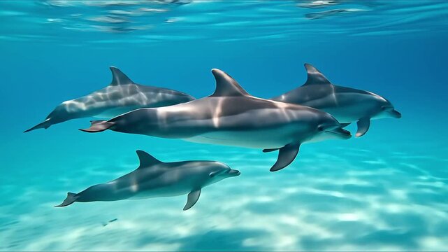 Pod of dolphins swimming gracefully underwater clear blue ocean water sunlit surface ripples