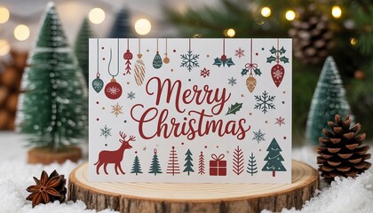 Schöne Weihnachtskarte mit bunten Elementen steht auf Holz, dahinter kleine Christbäume