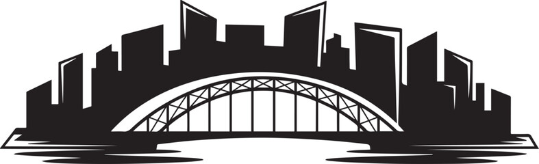 Bridge above river and city skyline Black with neon lights at night. design Vector black silhouette