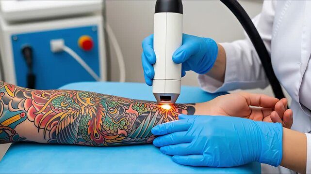 Professional laser tattoo removal procedure on arm with vibrant dragon artwork close up medical