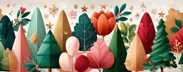 Vibrant holiday forest of colorful trees, stars, and festive leaves for seasonal stock photo imagery