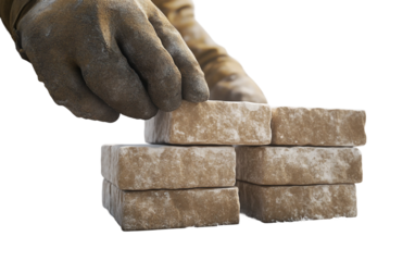 Construction worker stacking bricks in an organized pattern on an active building site