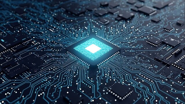 Closeup of a glowing microchip on a circuit board - Powered by Adobe