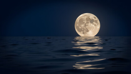 Full moon reflecting on calm ocean waters at night  