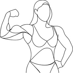 Minimalist black line art illustration of a strong athletic woman flexing her bicep portraying fitness and healthy lifestyle concepts