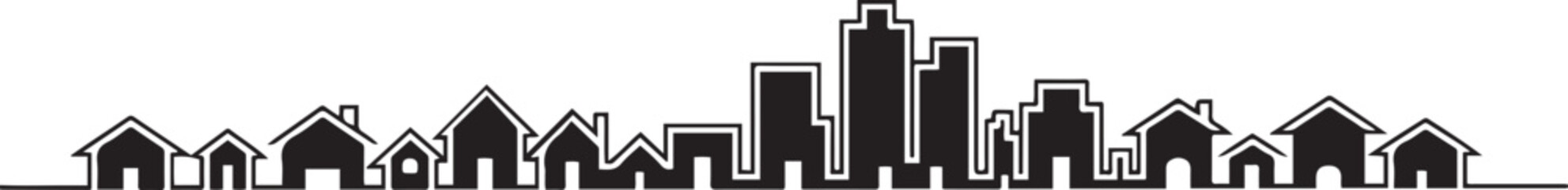 Continuous drawing of house Black, residential building concept. Panoramic landscape of metropolis architecture, skyscrapers. design Vector black silhouette