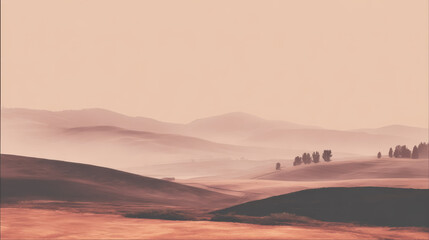 muted tonal landscape with rolling hills in sepia and dusty rose, soft focus background, poetic and timeless