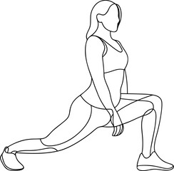 Minimalist continuous line art drawing of a fit woman performing a lunge stretch exercise routine