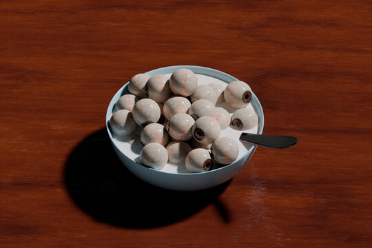 Bowl of cereal replaced with eyeballs in surreal 3D