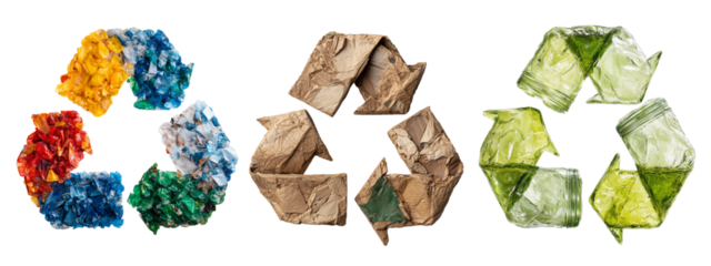 Three different recycling signs. Signs are made from kraft cardboard, green glass, colorful plastic. Paper, glass, plastic recycling concept. Signs isolated on transparent.