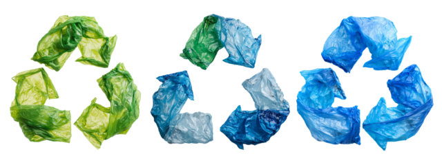 Recycle signs, symbol of three chasing arrows. Recycling signs made from old polyethylene plastic bags, plastic recycling concept. The sign is isolated on a transparent background.
