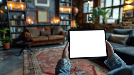 man holding tablet computer with isolated screen in his hands