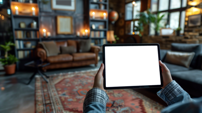 man holding tablet computer with isolated screen in his hands - Powered by Adobe