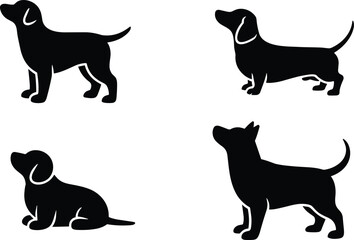 Set of Four Black Silhouette Icons of Different Dog Poses Including a Sitting Puppy, Symbolizing Animal Care, Veterinary, and Pet-Friendly Vector Graphic Designs