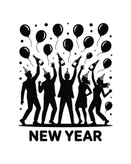 New Year Joyful Young People Holding Balloons Vector Art