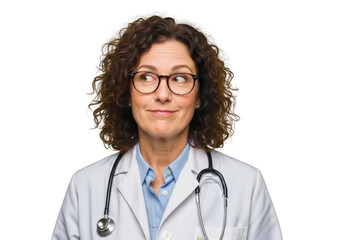 Doctor with curly hair wearing glasses and stethoscope isolated on transparent background