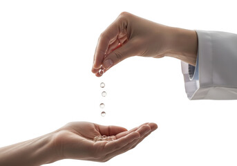 Hand pouring small white pills into another open hand isolated on transparent background