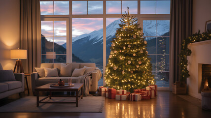 Cozy living room decorated for christmas features illuminated tree and presents creating warm festive atmosphere with large window offering stunning view of snowy mountains at sunset