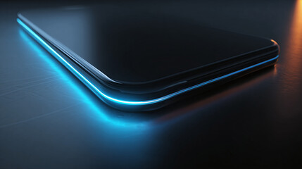 A modern smartphone with a glowing neon light edge, showcasing technological advancements. The sleek design is appealing
