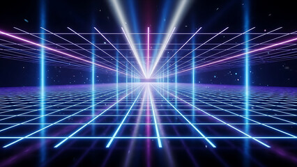 Neon grid tunnel with blue and purple lights creating a futuristic and abstract digital environment