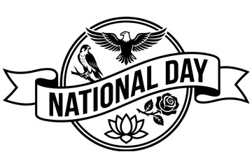 Emblem with Birds & Flowers,  
National Day Emblem with Birds & Flowers,  Black and White Vector Design