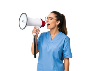 Nurse in blue scrubs shouting into a megaphone isolated on transparent background