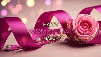 Celebrate International Women's Day with a beautiful pink ribbon, soft rose, and elegant pearls, conveying warmth and congratulations for March 8th.