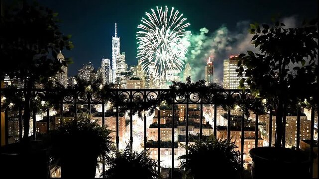 Cityscape fireworks display celebrating a special occasion with skyscraper silhouettes