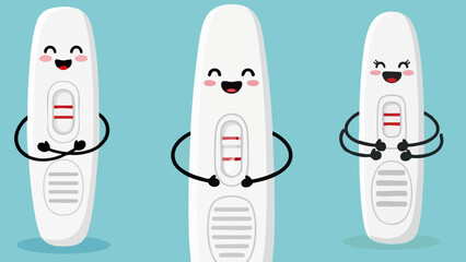 Three happy cartoon pregnancy test strips showing positive results against a light blue background