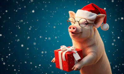 A funny piglet with glasses and a Santa Claus hat holds a Christmas present on a blue background with snowflakes