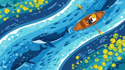 Overhead view of person rowing a small boat past large whales swimming in a vibrant blue river scene