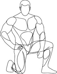 Muscular man kneeling in a powerful pose depicted in a minimalist continuous line art style illustration for fitness concepts