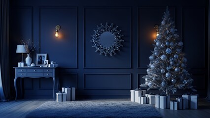Dark Blue and Silver Christmas Interior Background