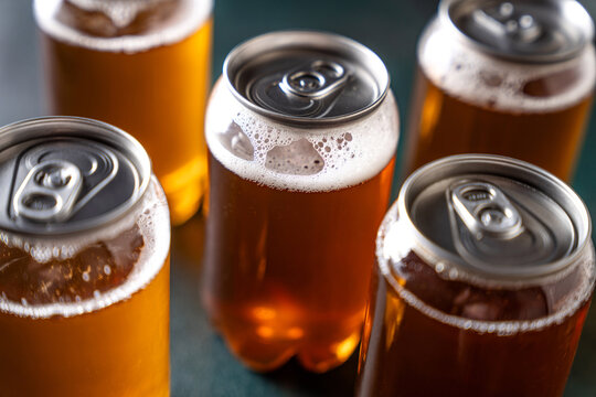 Group of cold amber craft beer cans