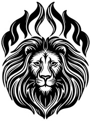 Powerful black and white stylized lion head with tribal flame mane illustration