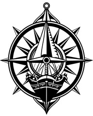 Stylized Black and White Compass Rose with Ship and Dagger Symbol