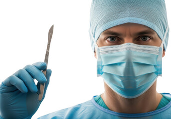 Surgeon wearing mask and gloves holding scalpel isolated on transparent background