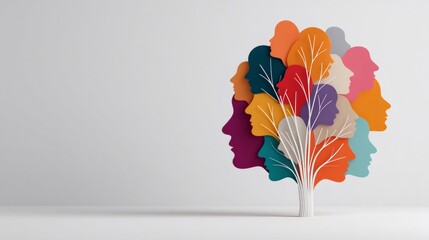 Diverse human faces creating a colorful tree, symbolizing community, identity, and growth on a plain background