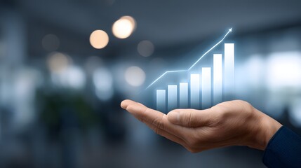 a hand holding a holographic bar graph with an upward-trending line, symbolizing financial growth and success
