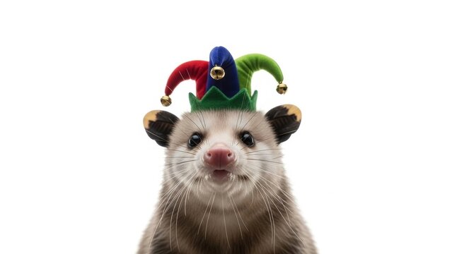opossum wearing a jester hat, joker, entertainer, on a white background, animal photo
