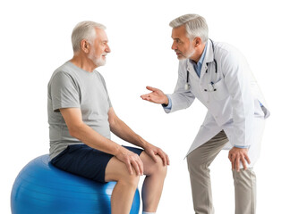 Doctor consulting with senior patient on exercise ball isolated on transparent background