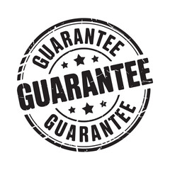 Black guarantee stamp with a circular design and star accents