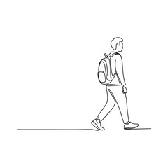 A minimalist line drawing of a person walking with a backpack