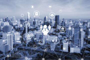 A concept of centralized business management and corporate strategy. A leadership team connecting to all functions like finance, operations, and planning. Motif