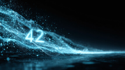 Mysterious 42 luminous number with digital particle streams over a reflecting surface
