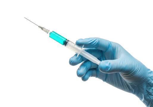 Hand in blue glove holding syringe with blue liquid isolated on transparent background