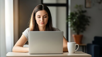 Young businesswoman smiling while working on her laptop at a desk in the office.
